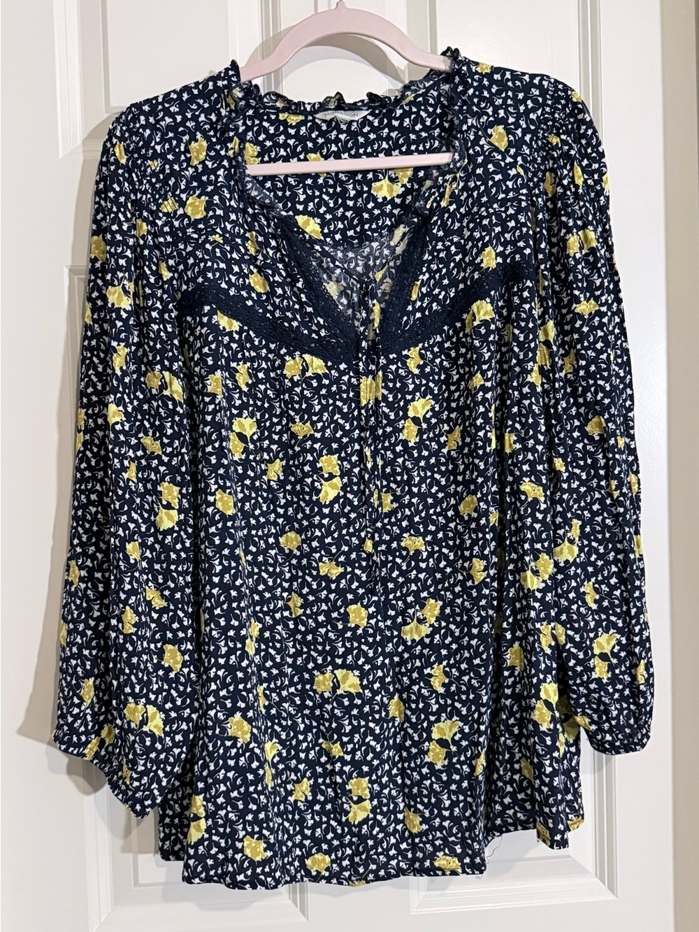 Monsoon Navy Blue Floral V-Neck Long Sleeve Blouse - Yellow Accents